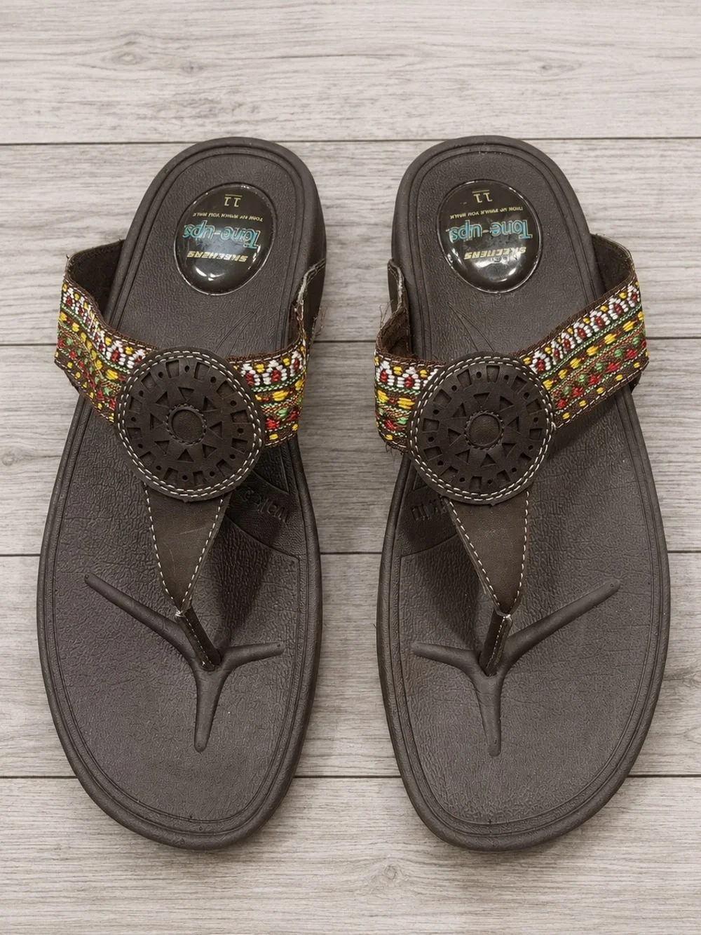 Skechers Tone-Ups Brown Boho Embroidered Thong Sandals Women’s Size 11